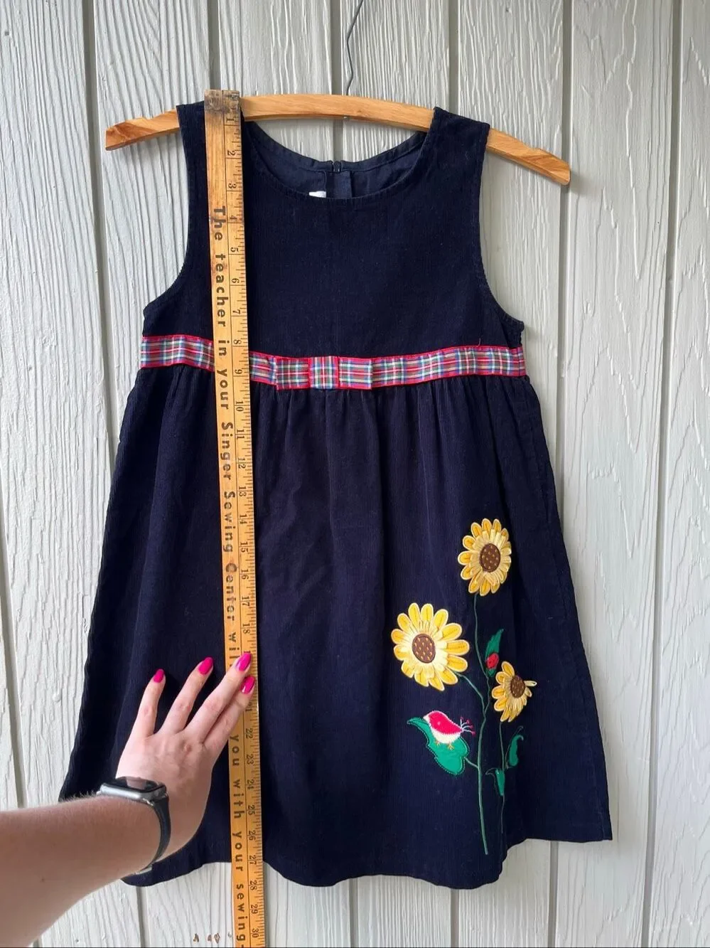 Bonnie Jean Girls Navy Corduroy Sunflower Plaid Jumper Dress 6X